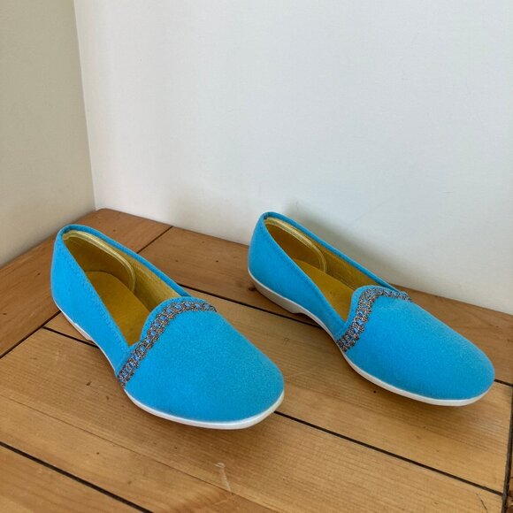 Leisure Treads Blue Felt Slippers Women's Vintage House Shoes White Rubber Soles - Picture 4 of 7